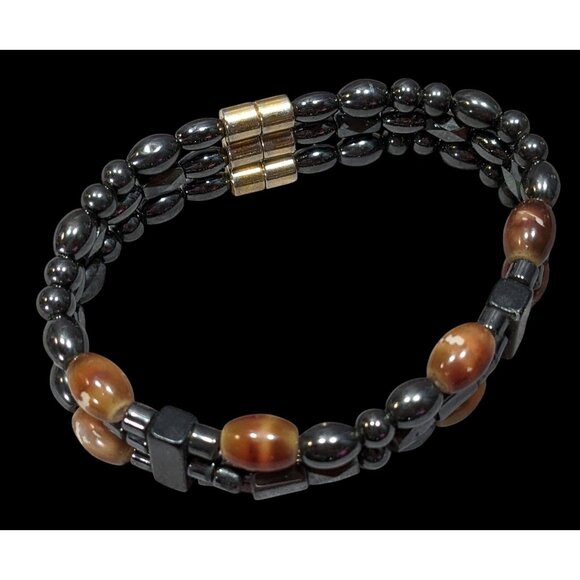 Men's Hematite And Brown Glass Layered Beaded Magnetic Bracelet - Picture 4 of 8